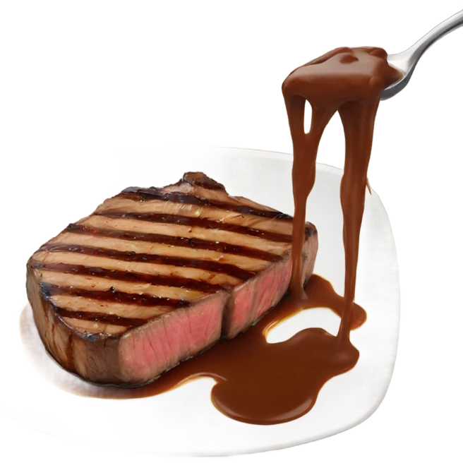 a steak with brown steak sauce drizzled over it emoji