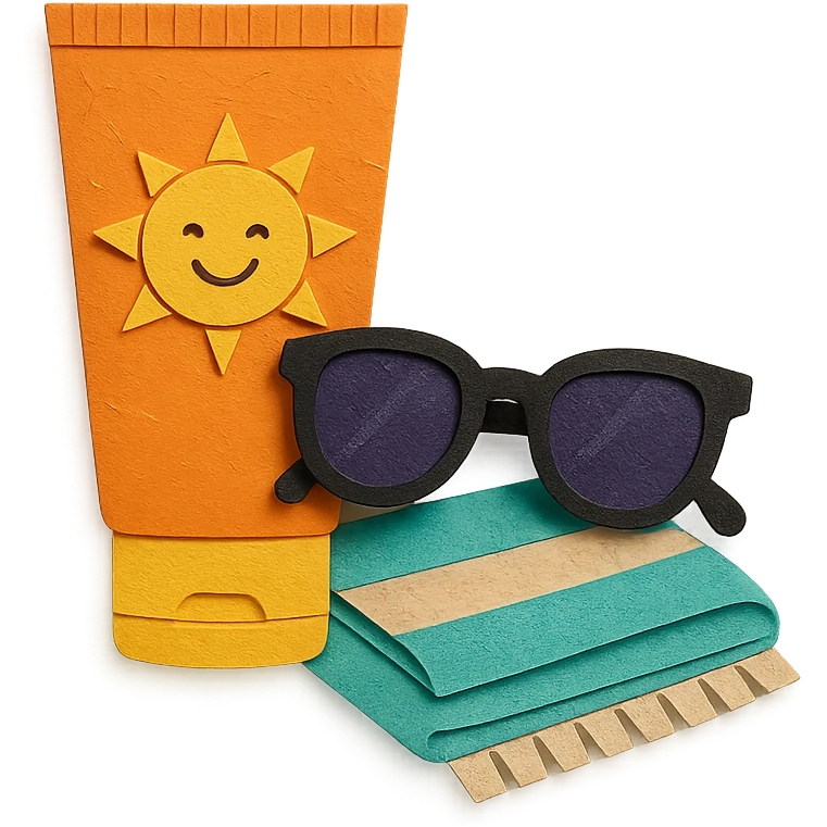 tube of sunscreen with a smiling sun, next to sunglasses and a towel, paper-craft style emoji