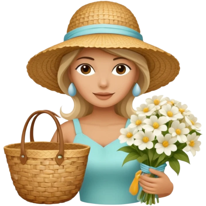 summer beautiful wicker hat, beach beige bag and bouquet of white flowers emoji