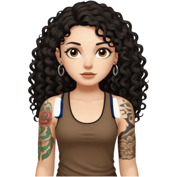 a pretty bratz fair girl with black long curly hair in a brown tank top with tattoos emoji