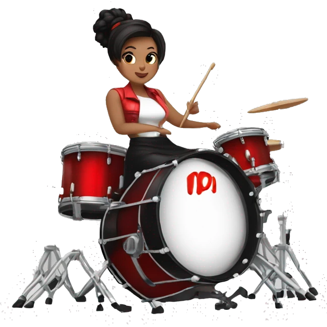 alistic full body caucasian curvy beauty short black skirt front view knickers long white socks sitting playing red drumkit emoji