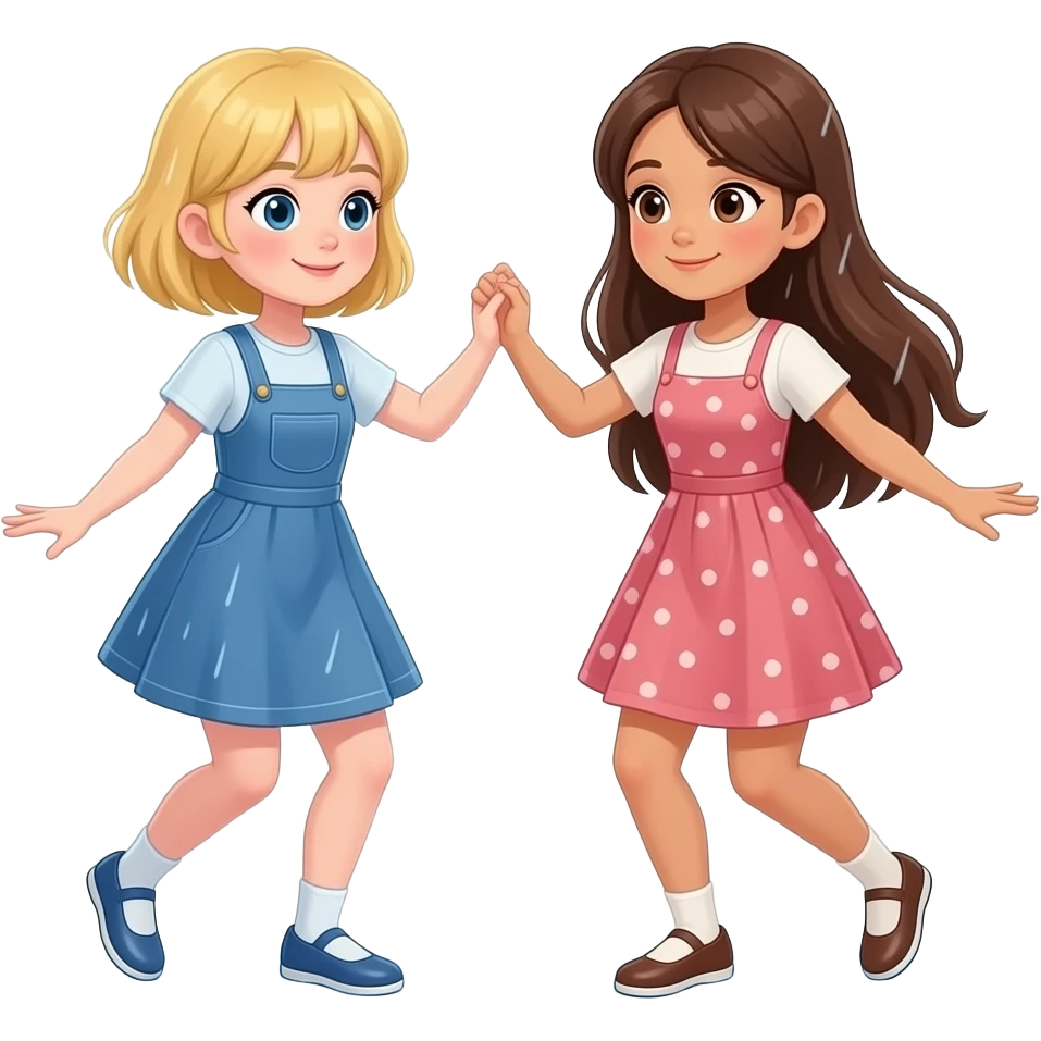 A blonde girl with short hair and a brunette girl with long hair dancing in the rain at night emoji