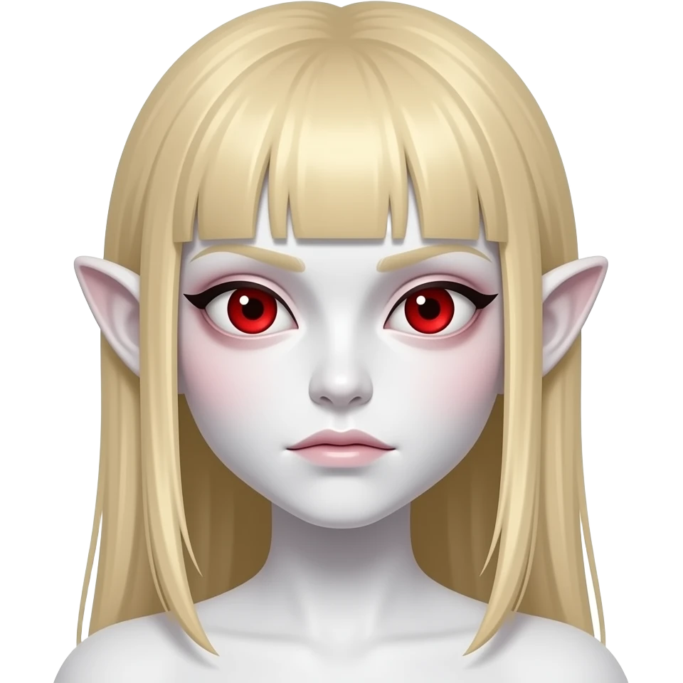 사악한 흰 피부. 붉은 동공. 살색 커다란 귀. 큰 눈. 창백한. 붉은 홍조. 사악한 금발 머리.무표정. 가르마 긴 생머리. emoji