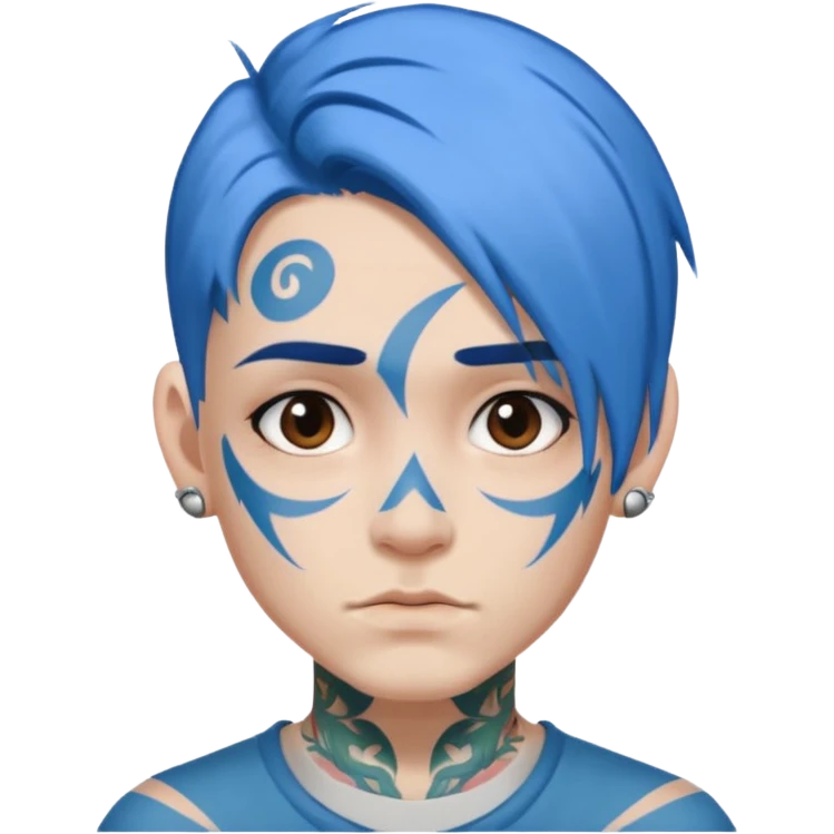 person with blue hair and a face tattoo, neutral expression emoji