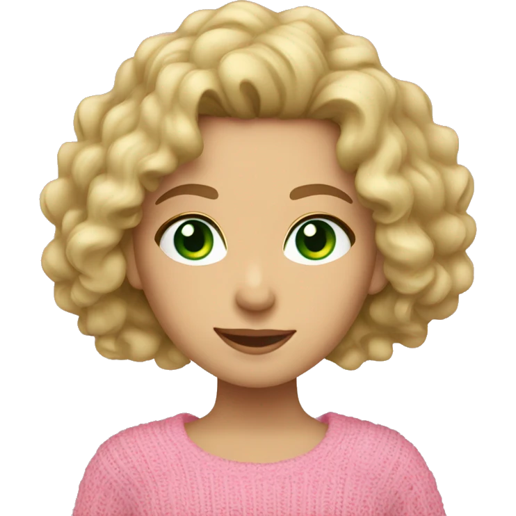 Caucasian brunette girl with curly hair and green eyes and a pink sweater blonde hair  emoji