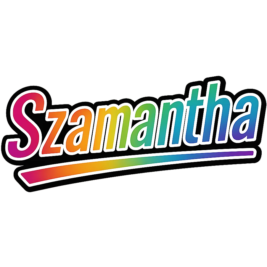 Szamantha name in modern gradient font with precise Hungarian characters, dark outline, extra thick, prominent white letter border, dynamic slanted underline, rainbow gradient colors, 1000x1000 px, PNG, transparent background emoji