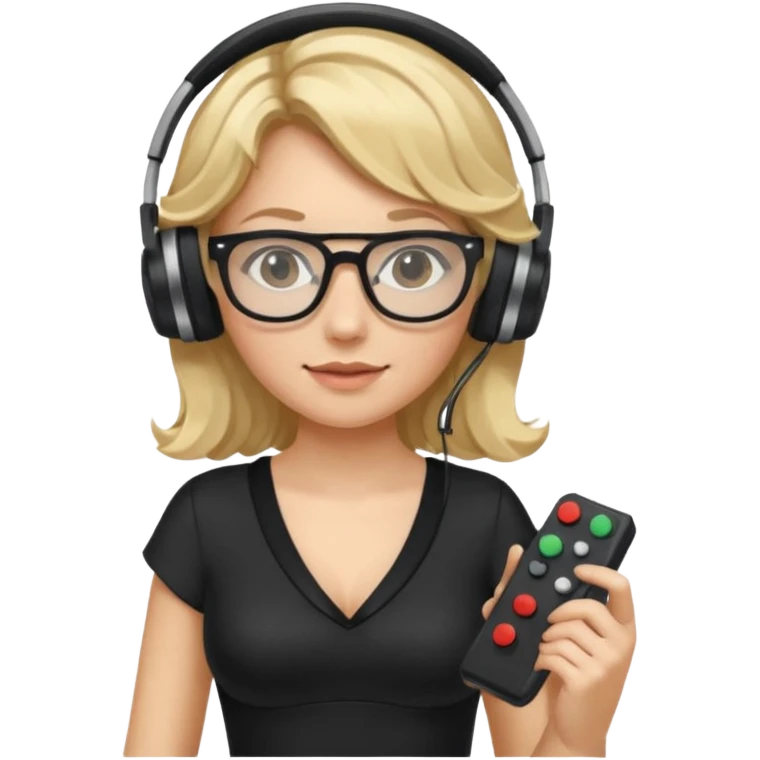 
gamer, woman with blond wavy hair, tight black dress with a white line with glasses, headphone, gamepad emoji