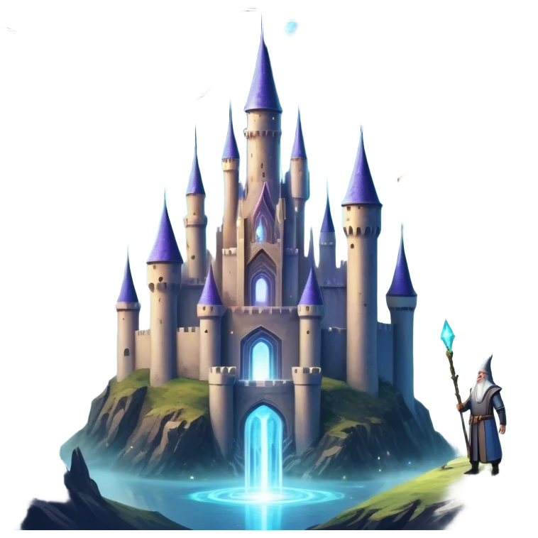 Icon for Fantasy and Sci-Fi Movies: A magical collage with flying dragons and futuristic spaceships. Stars and planets shimmer in the background with a mystical castle Hogvards and an ancient wizard holding a staff. The atmosphere is epic, otherworldly and adventurous. Transparent background. emoji