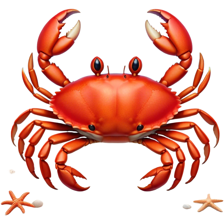 Cinematic Realistic Cute Crab Portrait Emoji, Head tilted playfully and inquisitively, featuring a compact, sturdy form with a glossy red shell uniquely forming an endearing face with bright, sparkling eyes, rendered with intricate natural textures and subtle coastal hues, high shine, affectionate and spirited, styled with a touch of seaside whimsy, soft glowing outline, capturing the essence of a mischievous yet lovable crab that seems ready to pinch playfully out of the screen into your arms! emoji