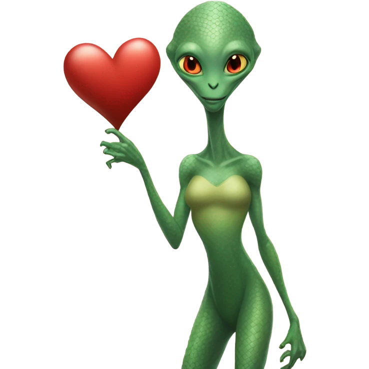 a Reptilian alien tall woman full body, holding big red heart emoji