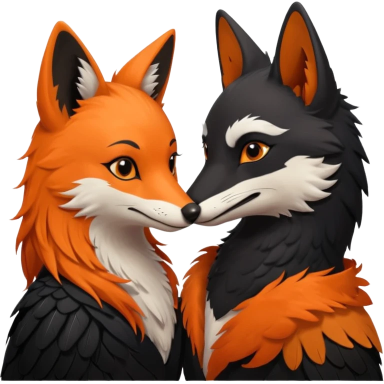 A female crow and a male fox kissing each other. emoji