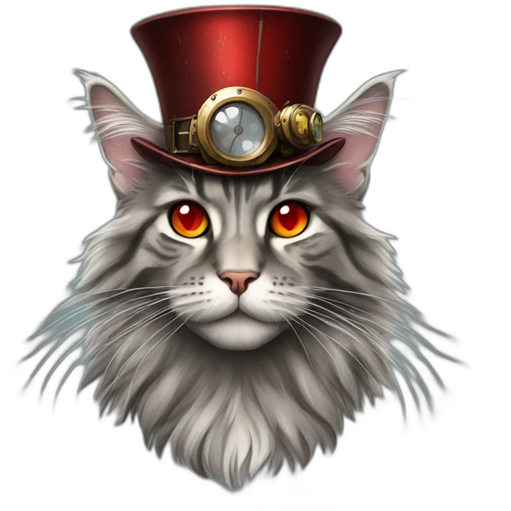 a grey tabby maine coon with red eyes wearing a steampunk hat emoji