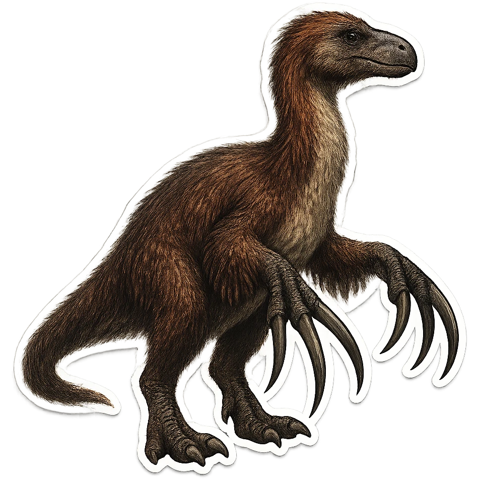 Make the therizinosaurus sticker more realistic with detailed feathers and large claws, still in sticker style. Remove the background. emoji