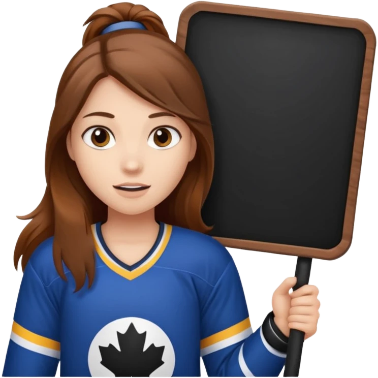 Girl hockey fan with brown long hair holding a large blank sign emoji
