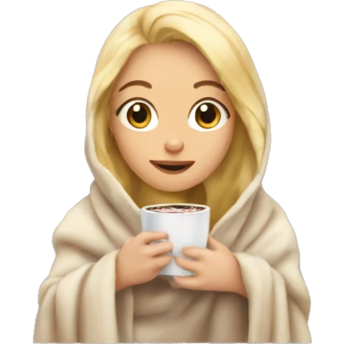 Blonde girl in a blanket with hot chocolate emoji