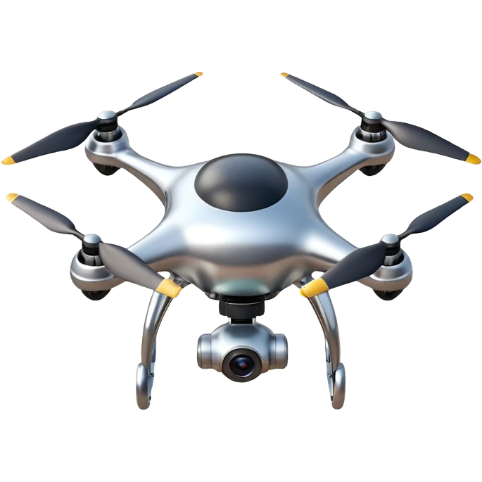 A futuristic drone emoji made of polished silver chrome, smooth rounded body, minimal propellers, reflective metallic surface, soft studio lighting, iOS emoji style, centered, clean white background emoji
