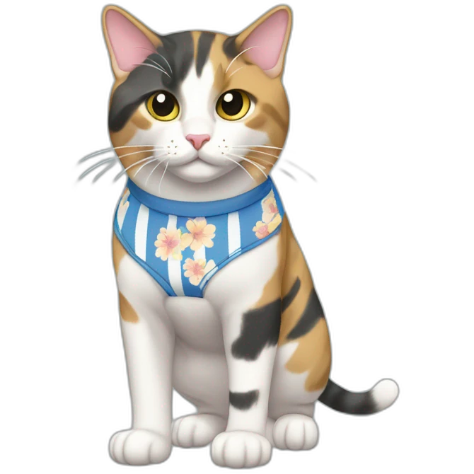 Purradise Meowscles is a buff calico cat  he has a mullet, a floral designed t shirt that is unbuttoned and blue and white stripped shorts emoji