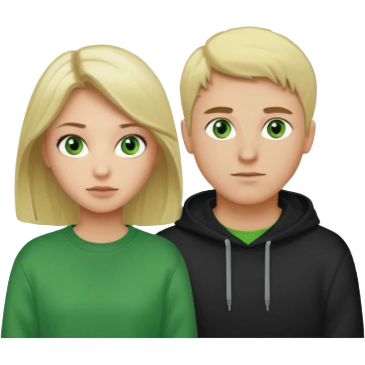 a couple in love: a girl with dark hair, green eyes, and a gray sweatshirt, and a guy with light green eyes, blond hair, and a black sweatshirt emoji