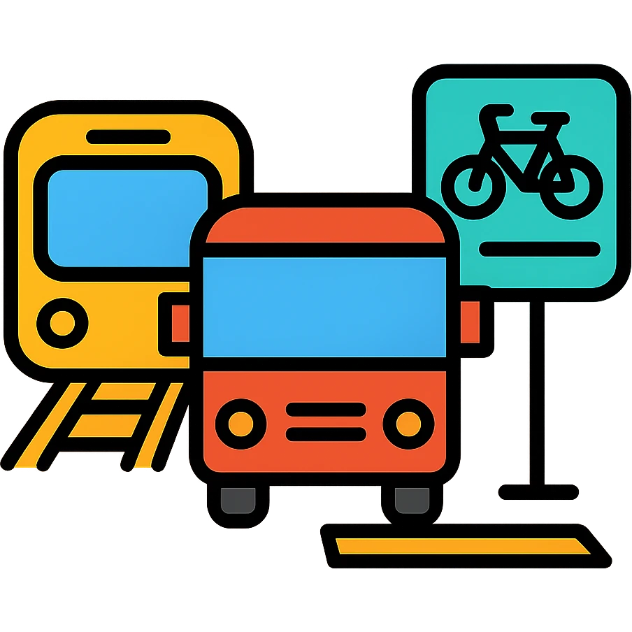 Public transit system with subway train, bus, and bicycle lanes emoji