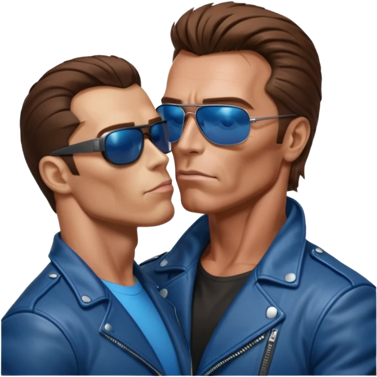 парень похожий на хилого Шварценегера-терминатора в косухе и очках-терминаторах целуется с высоким мужчиной шатеном с голубыми глазами кривым носом и косыми глазами. emoji