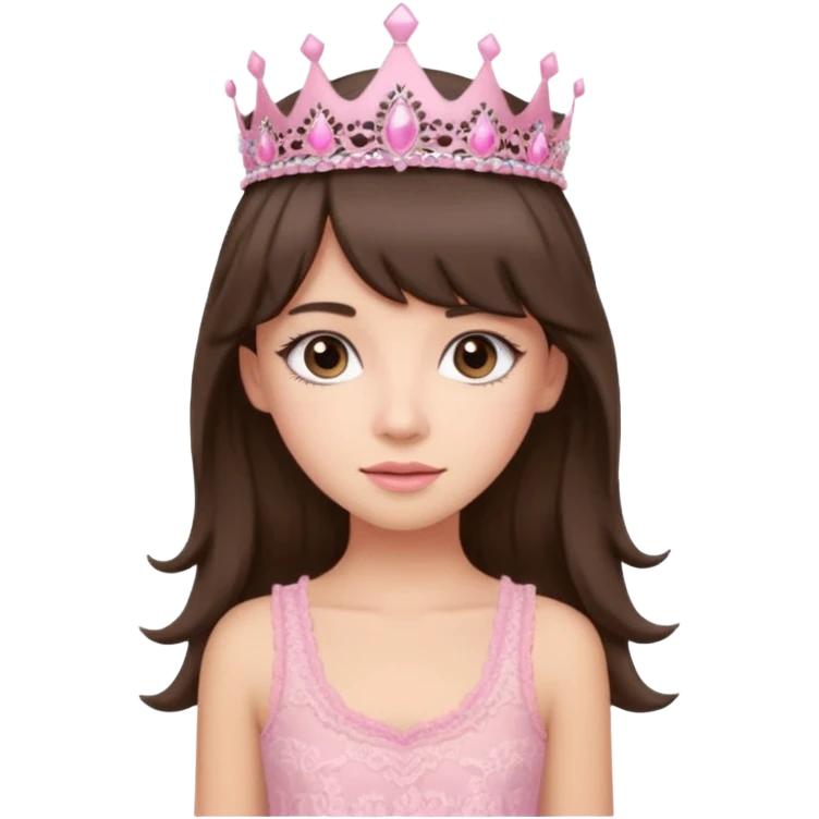 long haired brunette with curtain bangs cute pink lacy tank with a pink tiara on head, white but with a little bit of tan emoji