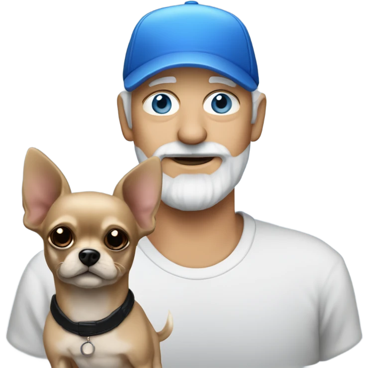 Blue eyed Old man with goatee beard ball cap holding black long haired chihuahua emoji