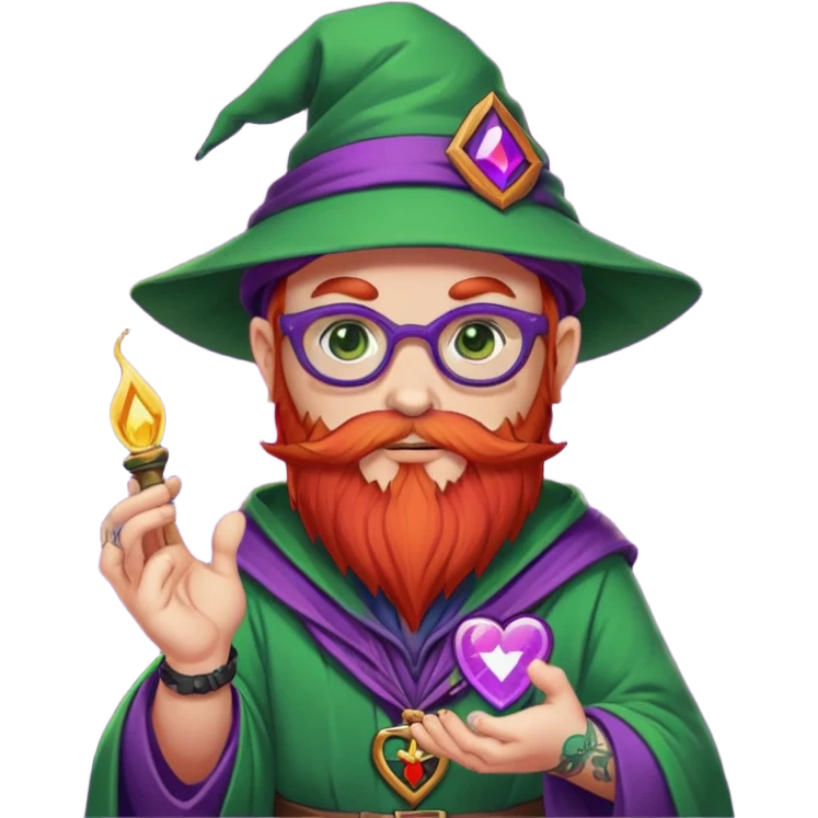 Cartoon DevOps wizard with red beard, no glasses, "I ❤️ YAML" shirt, purple hat, casting green magic. Grafana logo tattoos around eyes. GitOps patch on sleeve. Sticker style with clean outline, transparent background. emoji