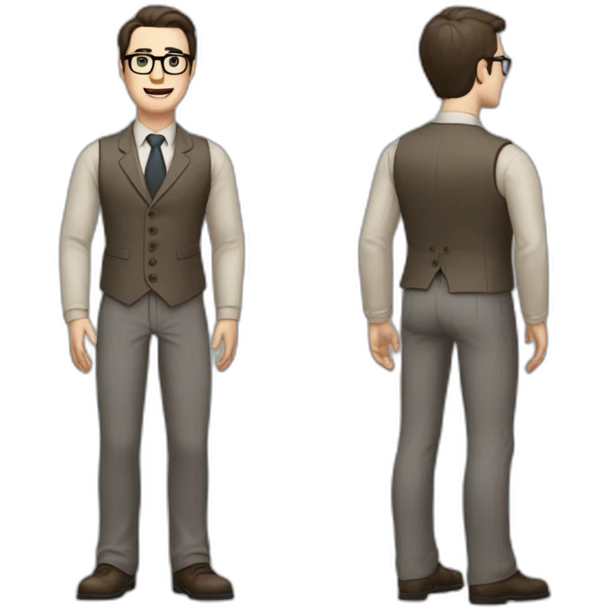 Full height Pale skinned Fit Man With dark brown hair in gray jacket, vest, tie, beige office shirt, Brown pants and vintage glasses. Thrumbs of his palms directed up emoji