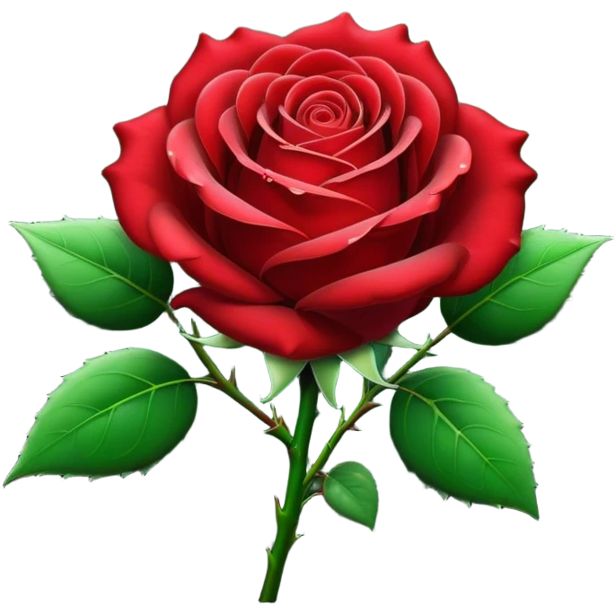 Cinematic Realistic Rose Emoji, Elegant and full of grace, with velvety, deep red petals unfurling in a perfect bloom, dew drops glistening on the soft edges, and a faint fragrance hanging in the air. The lush green leaves surround the stem, creating a vibrant contrast to the rich color of the petals. Soft glowing outline, capturing the essence of timeless beauty and romance in a single bloom. emoji