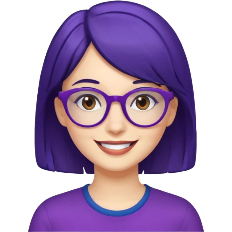 Cartoon adult woman with purple glasses, brown eyes, and dark blue medium length hair emoji