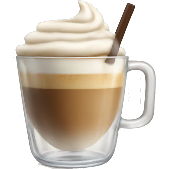 A frothy coffee latte in a clear glass cup with a straw emoji