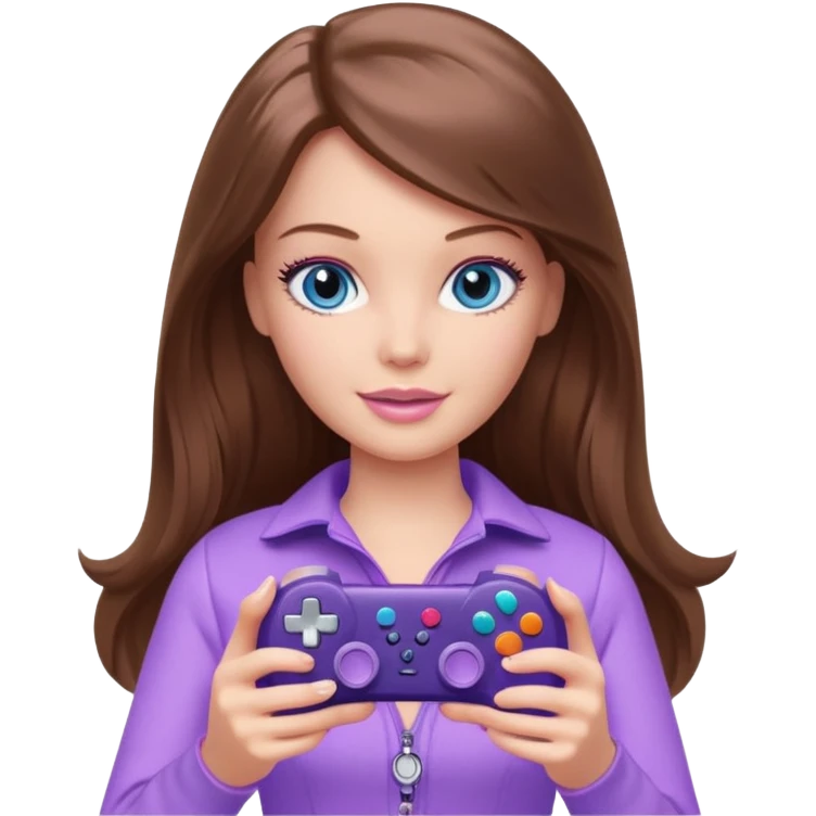beautiful barbie girl with long brown hair, blue eyes and wearing light purple clothes playing console games with controller emoji