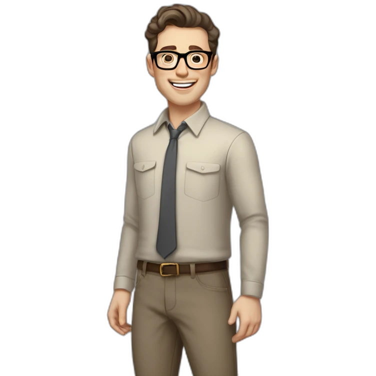 Joyful Full height Pale skinned Fit Man With dark brown hair in gray jacket, beige office shirt, Brown pants and vintage glasses. His thrumbs up emoji