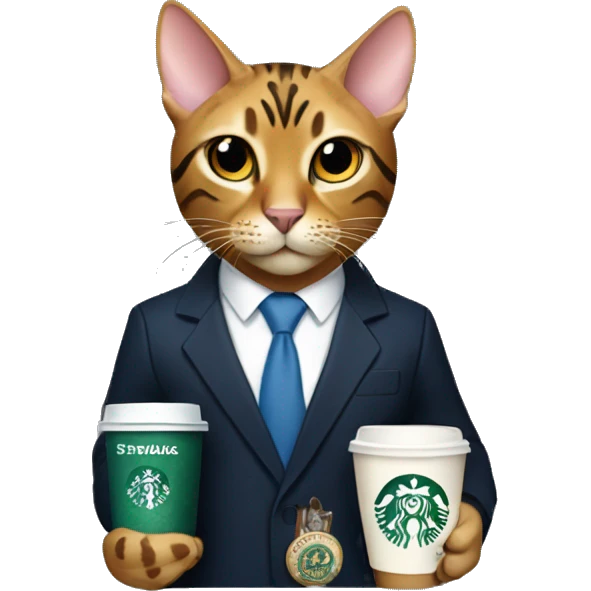 Bengal cat wearing a suit with a Merrill lynch employees badge holding a Starbucks coffee with its hands in a heart emoji