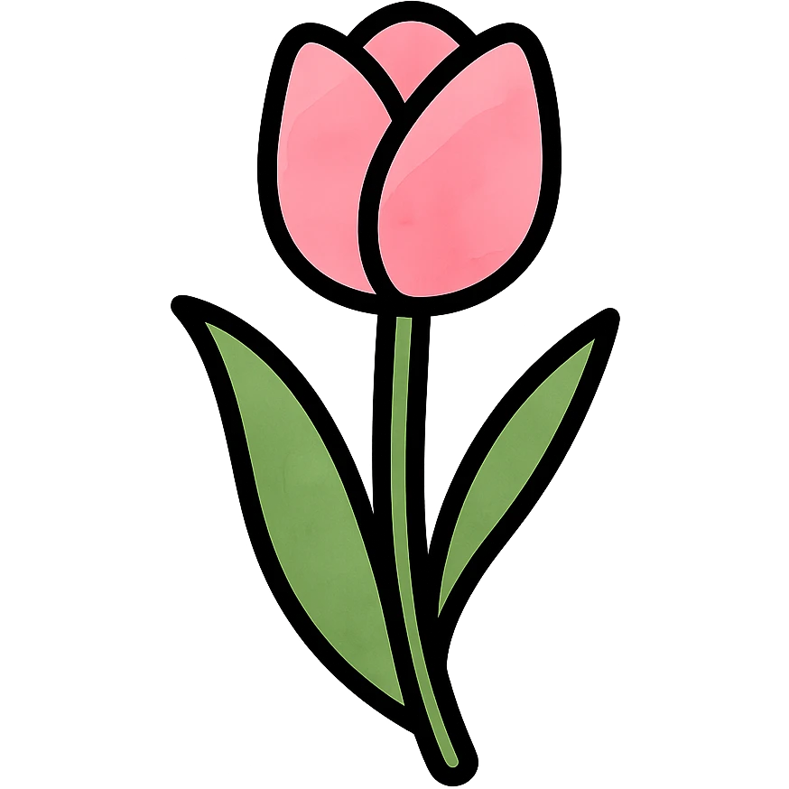single soft pink tulip with watercolor petals, green stem, curved soft leaves, elegant hand-painted style, color icon with black outlines emoji