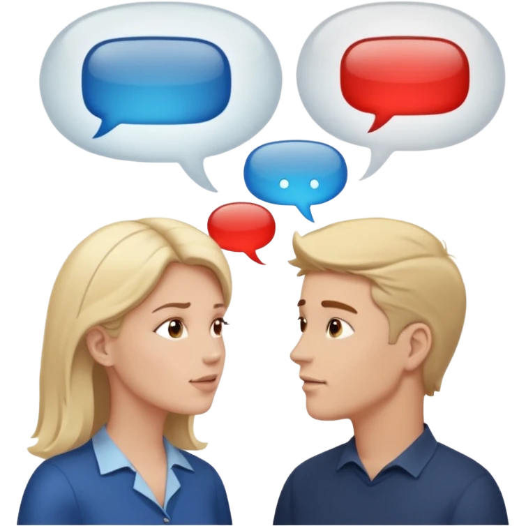 a person chatting up another person, one white male, one white woman facing each other talking with speech bubbles above their head emoji