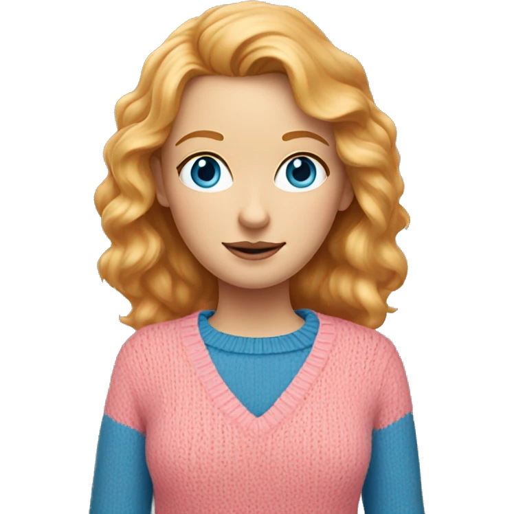 Strawberry Blonde woman with blue eyes and a pink sweater emoji