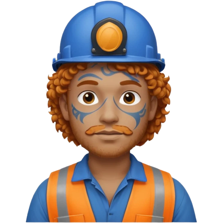 construction worker man ginger curly hair, blue helmet, very heavy dark face tattoo emoji