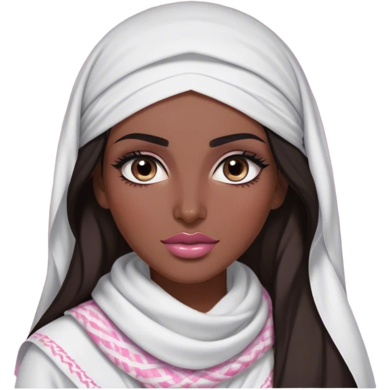 A Arab featured woman with long, dark hair wears white keffiyeh, giving her a graceful and cultural look. Her makeup is well-done, with defined eyebrows and soft pink lips, enhancing her striking features. The dim lighting and blurred background create a warm, intimate atmosphere. emoji