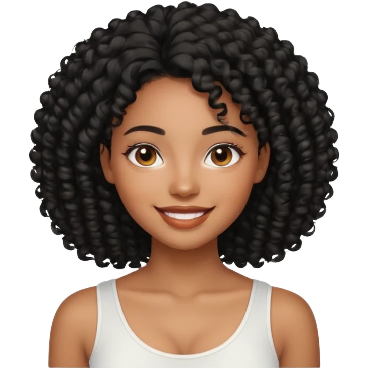 a young woman.She has voluminous, curly black hair that frames her face beautifully. Her skin tone is black light and glowing, and she has a subtle, natural makeup look. She’s smiling softly at the camera. She is wearing a white top emoji
