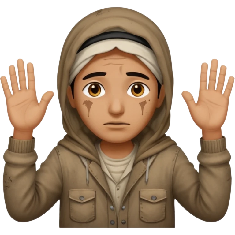 surrenders, portray an authentic 1980 Iraqi with a sad face and raised hands emoji