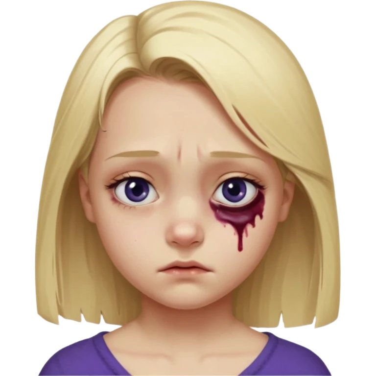 Blonde girl emoji, head and slight shoulders visible, one eye clearly bruised and swollen, dark purple-blue bruise around the entire eye socket, visible puffiness under eyelid, slightly uneven eyelids due to swelling, subtle red irritation around the eye, small wince expression like she’s in pain  emoji