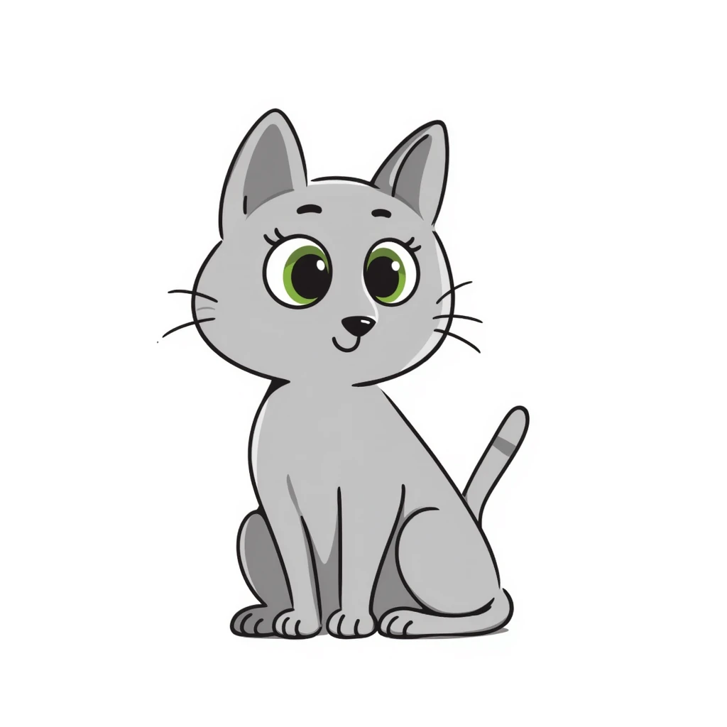 Elegant gray cat with smooth fur, large green eyes, serene attentive expression, sitting facing camera, soft lighting emoji