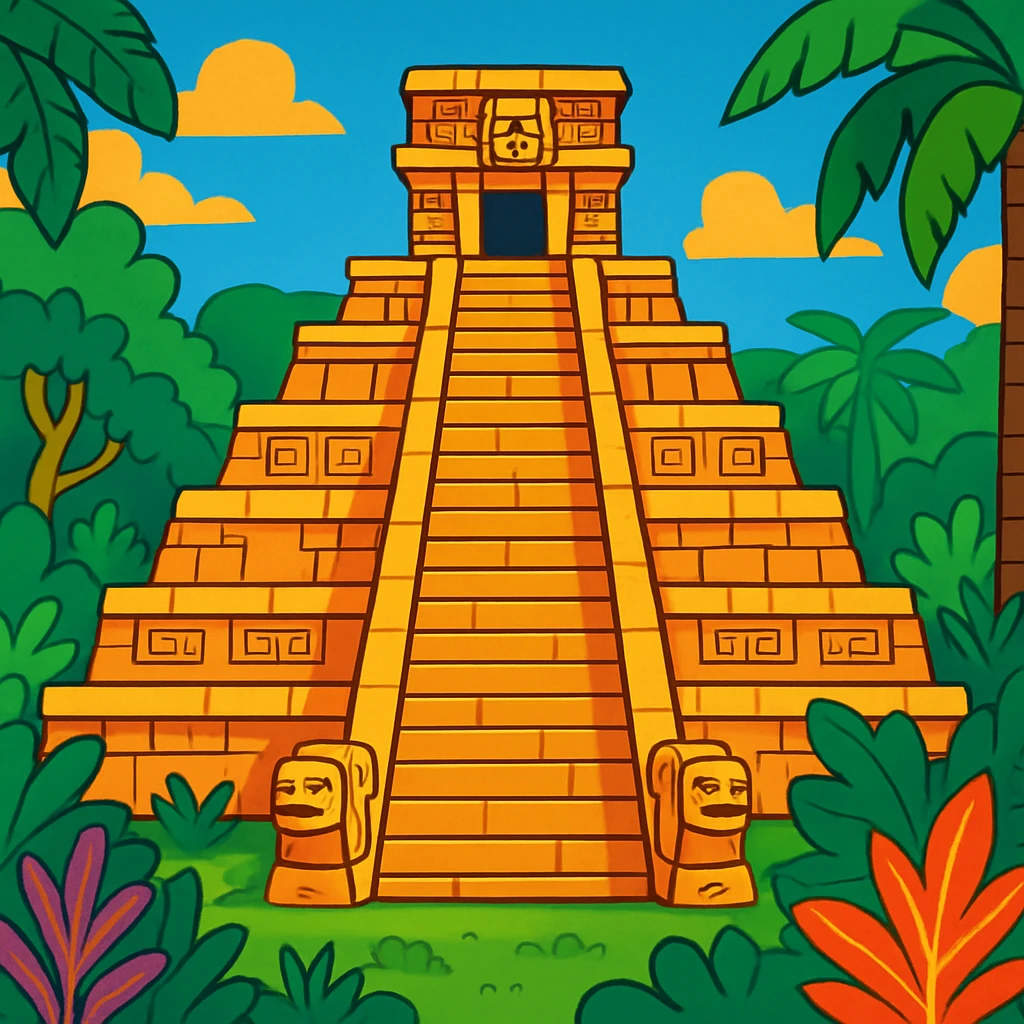 Mayan temple in a vibrant cartoon style, lush jungle background, detailed stone carvings emoji