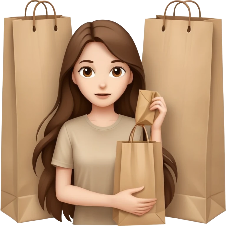 Beautiful Shopping girl long hair paper bags beige shirt emoji