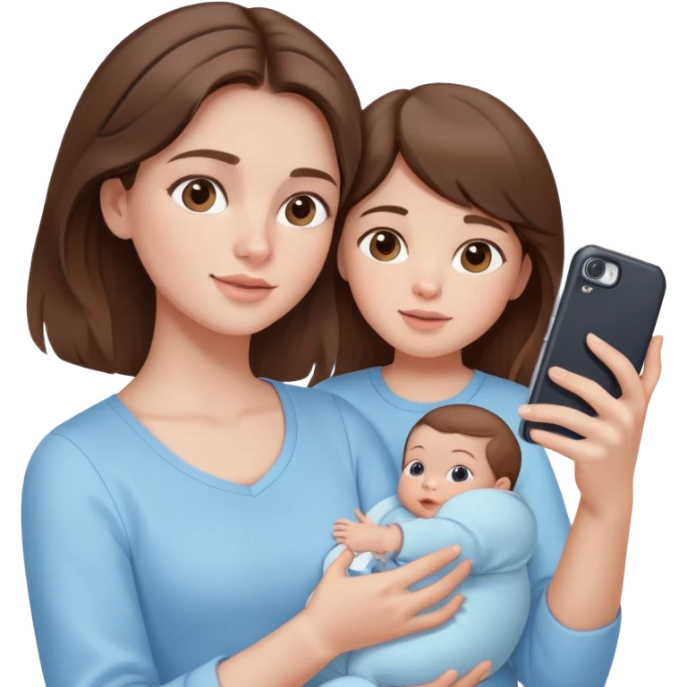 brunette girl with brown hair wearing pastel blue clothes holding a baby and taking a selfie emoji