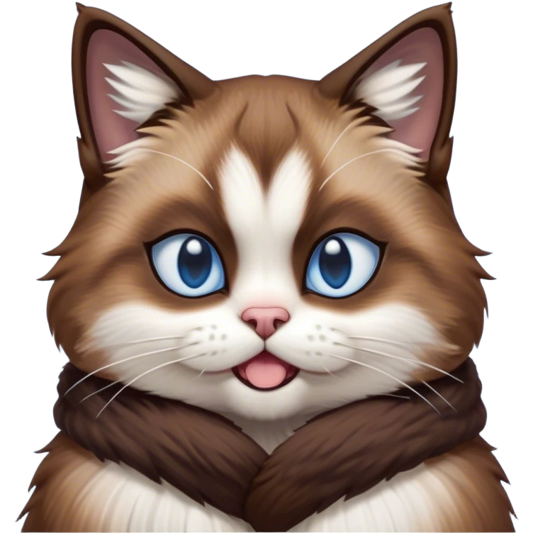 Cinematic Comical Brown Mantle Snowshoe Cat Portrait Emoji, Head tilted dramatically with an exaggeratedly shocked or offended expression, deep brown fur flowing like a mantle over its back, paired with crisp white paws, chest, and a signature white facial mask, piercing icy-blue eyes widened in disbelief, Simplified yet hilariously expressive features, highly detailed, glowing with a slightly sassy glow, high shine, dramatic yet playful, stylized with an air of attitude, bright and endearing, soft glowing outline, capturing the essence of a sassy and over-the-top feline, so meme-worthy it feels like it could side-eye its way into internet fame instantly! emoji