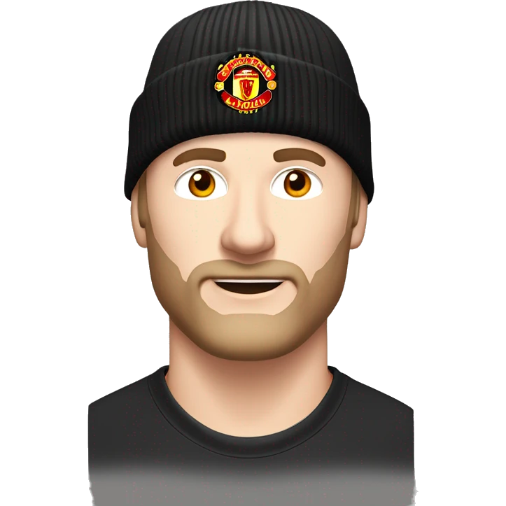 a white-skinned man without a mustache and beard in a red Manchester United football club T-shirt. He wears a black winter hat without logos on his head. Two horns protrude from his forehead emoji