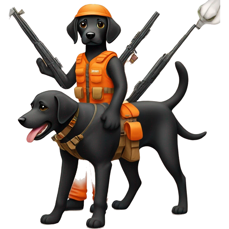 Dark Black lab in orange hunting gear holding rifle emoji