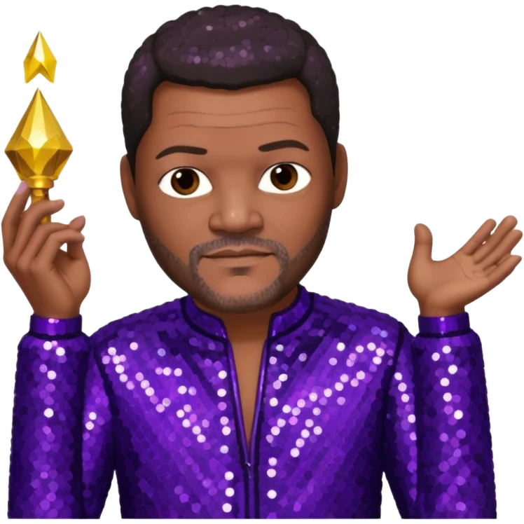 Lawrence Fishburne with dark brown hair, dark purple sequin outfit emoji
